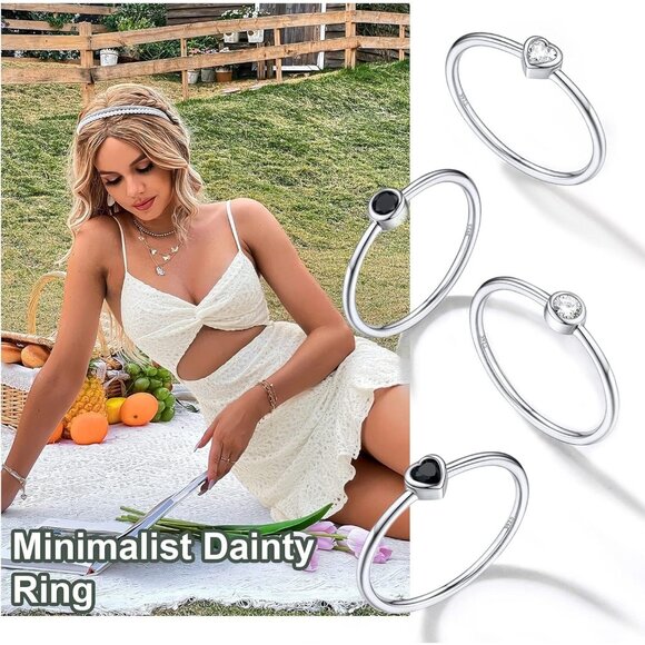 🆕Women Black Dainty Cubic Zirconia Promise Wedding Band Ring Minimalist Jewelry - Picture 7 of 9